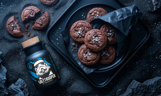 Schokoladen-Cookies mit grobem Salz auf Tablett, daneben Salttrooper-Gewürz, inszeniert in dunkler, futuristischer Umgebung.