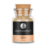 Rösti Gewürz von Ankerkraut im Korkenglas auf weißem Hintergrund.