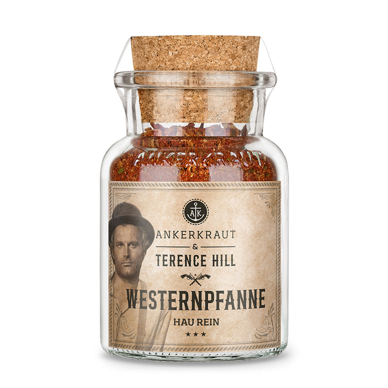 Terence Hill Westernpfanne von Ankerkraut im Korkenglas auf weißem Hintergrund.
